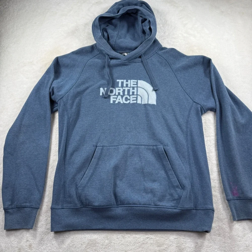 The North Face Mens Blue Heather Logo Pullover Hoodie Large Raglan Sleeve
